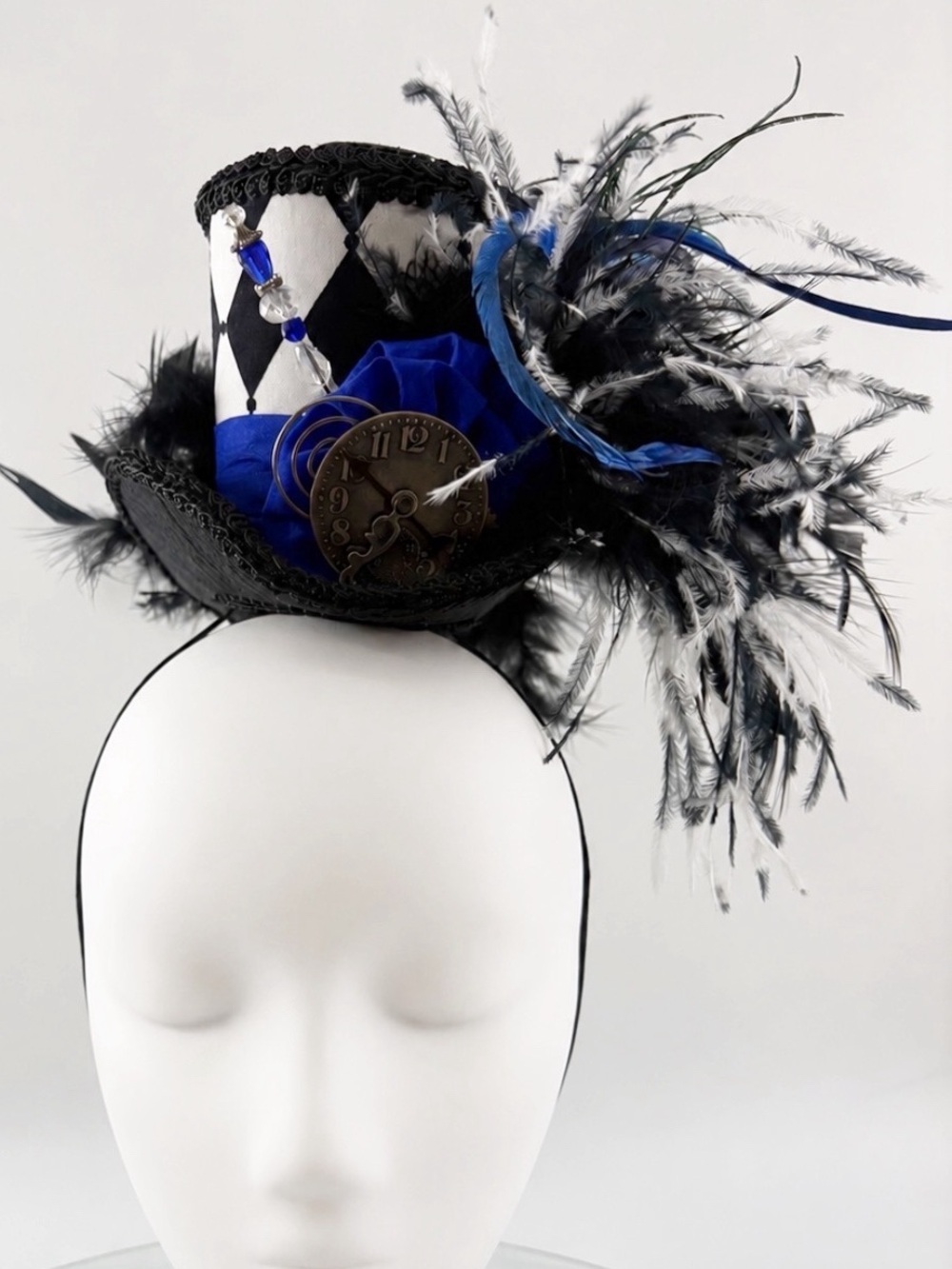 Handmade Chiki Bird Steampunk Mini Top Hat Fascinator Blue Black Feather Clock